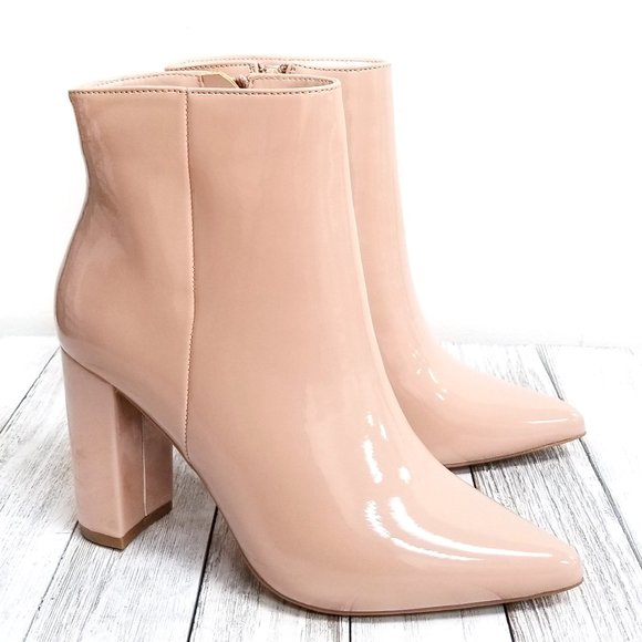 New Nude Chunky Heel Point Toe Booties Boots - Picture 1 of 4